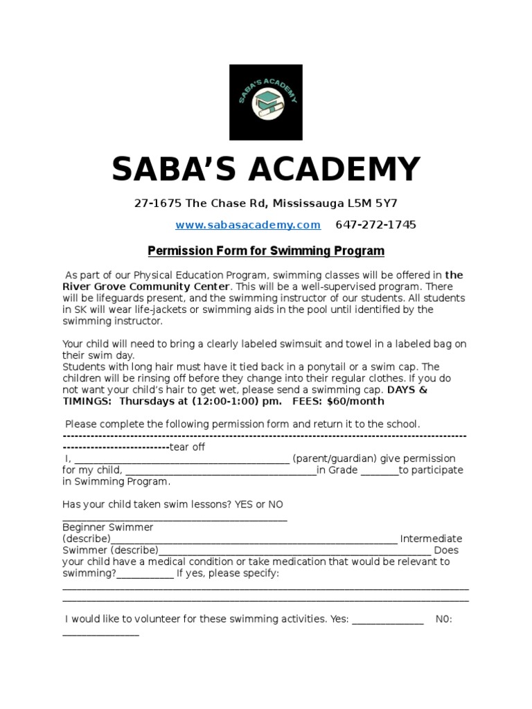 Sabas Academy Swimming Consent Form | PDF