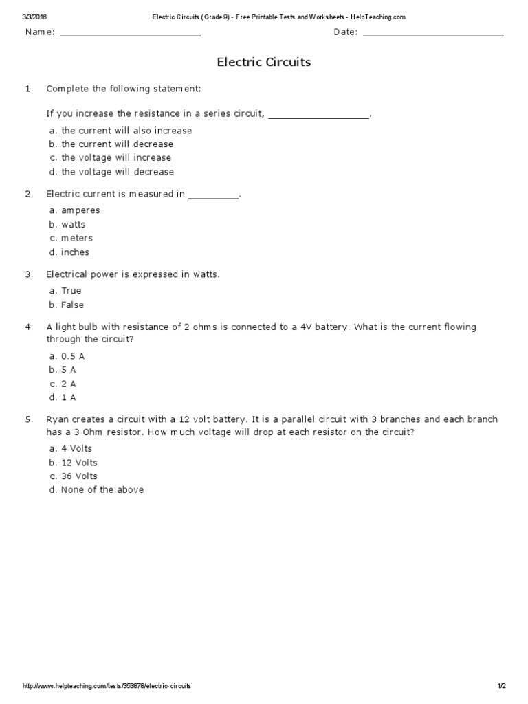 electric circuits grade 9 free printable tests and worksheets helpteaching pdf series and parallel circuits electrical network