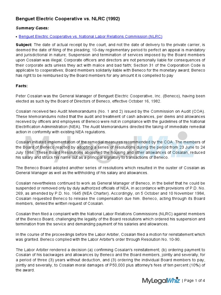 Benguet Electric Cooperative vs. NLRC (1992): Determining Liability for ...