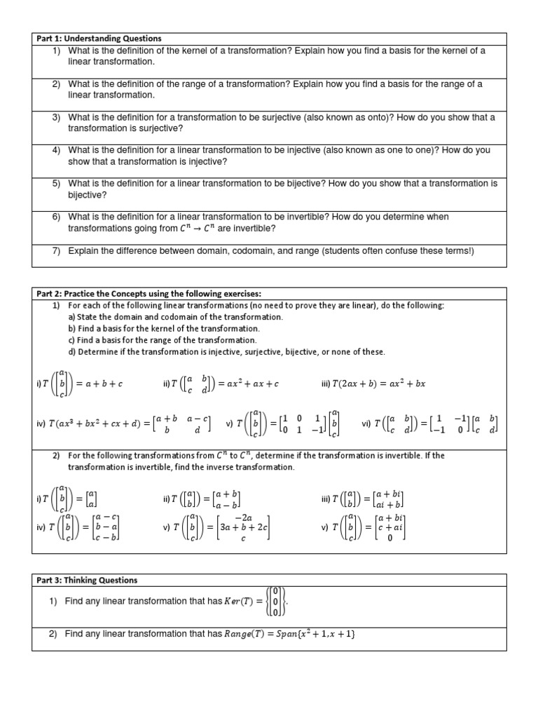 Linear Transformation Concepts & Exercises | PDF