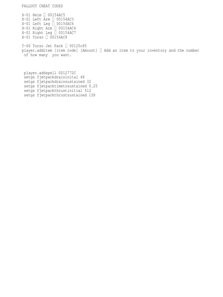 Fallout Cheat Codes | PDF