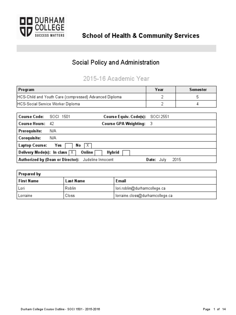 Durham College SOCI 1501 Course Outline | PDF | Social Policy | Policy