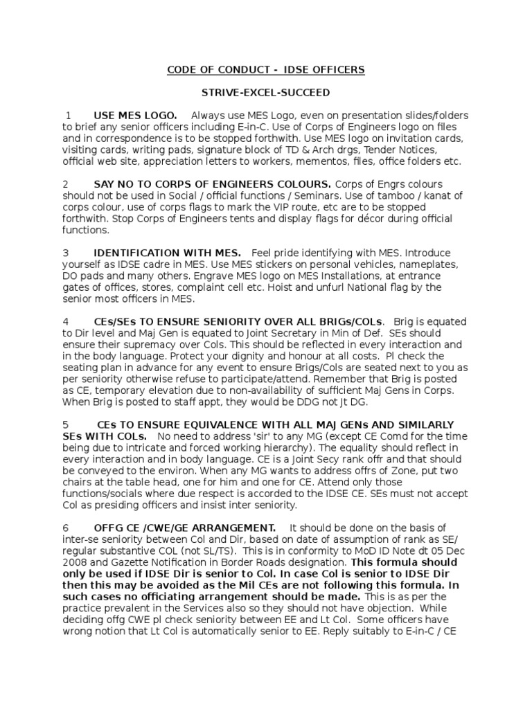 Code of ConductIDSE Officers Military Armed Conflict