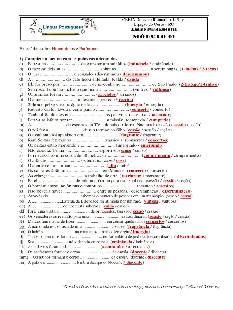 Exercícios de Homônimos e Parônimos | PDF | Juvenil