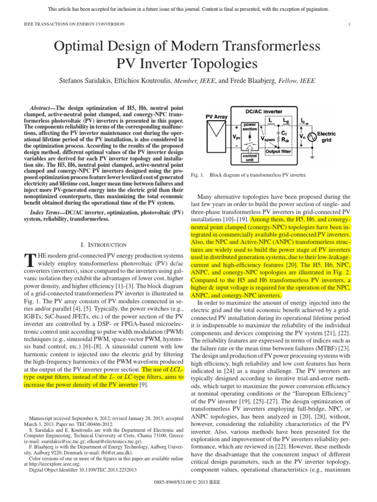 Optimal Design of Modern Transformerless PV Inverter Topologies | PDF ...