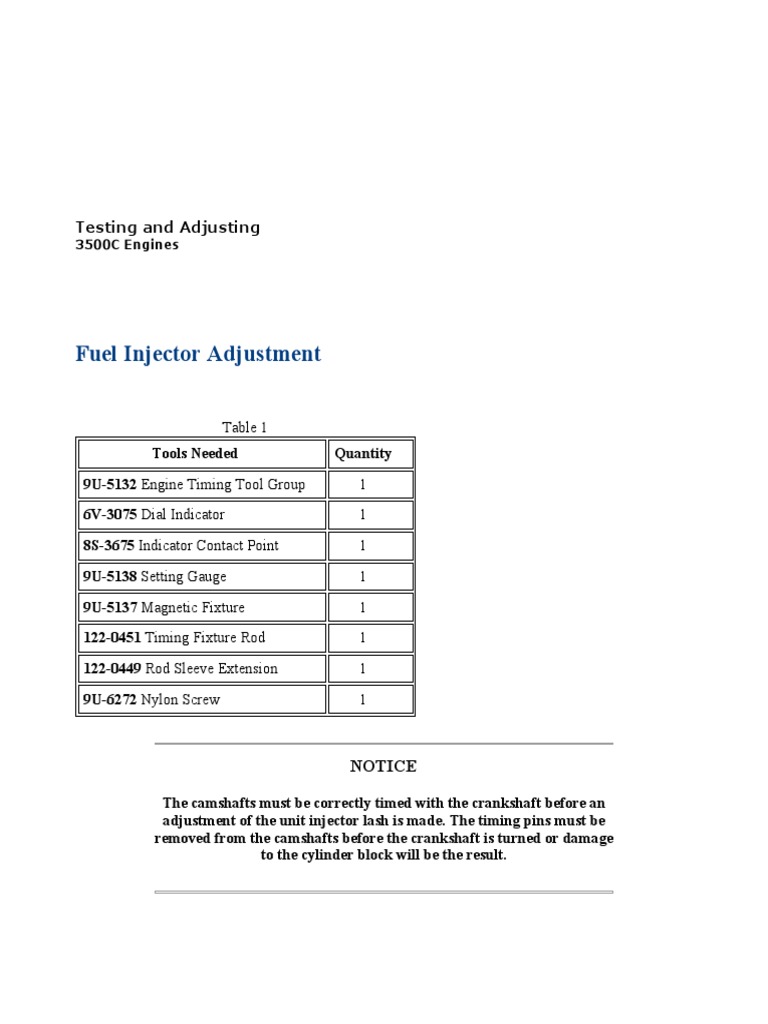 Fuel Injector Adjustment for 3500C Engines | PDF | Fuel Injection ...