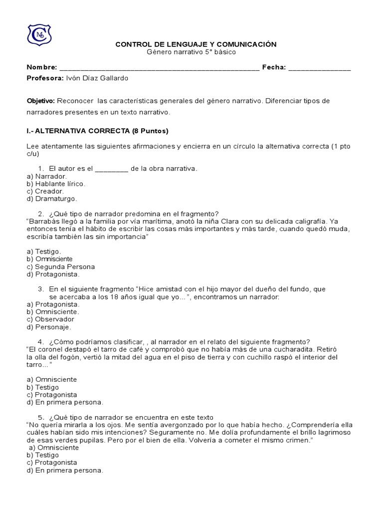 Prueba género narrativo 5° Narración Narrativa