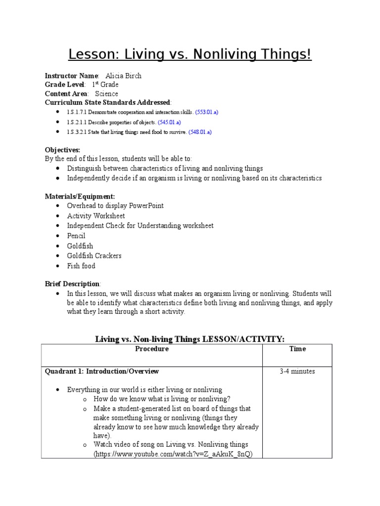 Final Lesson Plan Living Vs Nonliving Things Lesson Plan Life