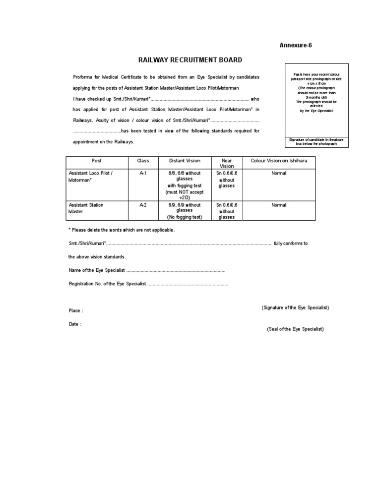 RRB ALP Vision Certificate Format | PDF