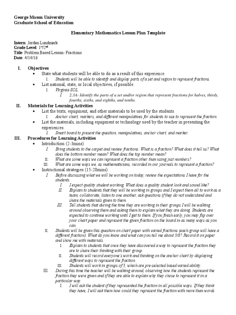 1st/2nd Grade Fraction Lesson Plan | PDF | Abstraction | Thought