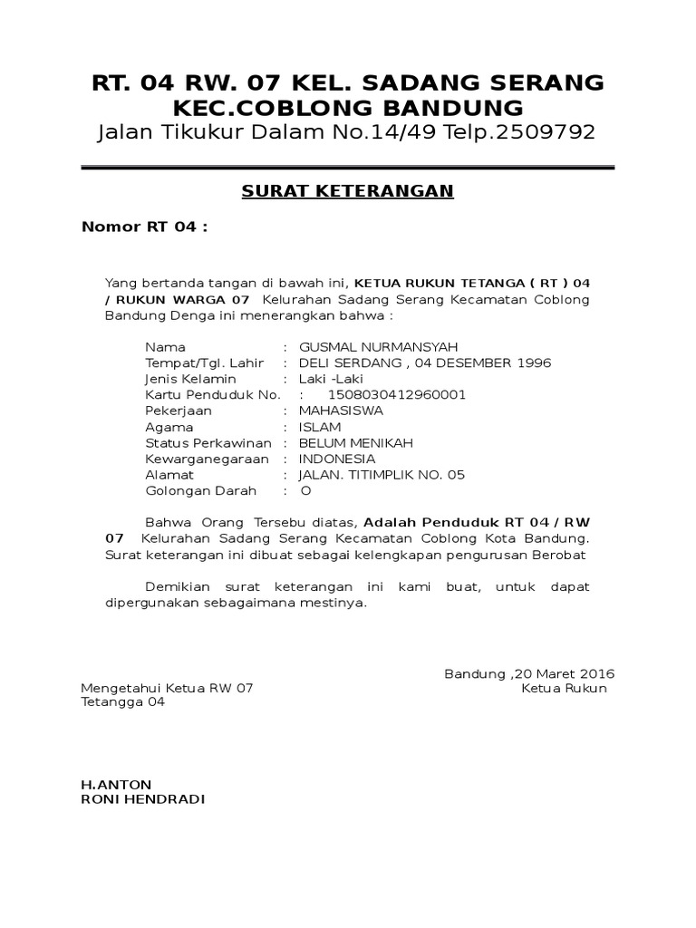 Surat Keterangan Domisili Rt