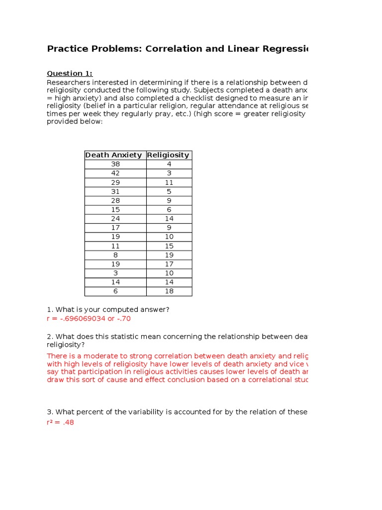 AnswerKey - Practice Problems - Correlation and Linear Regression | PDF ...
