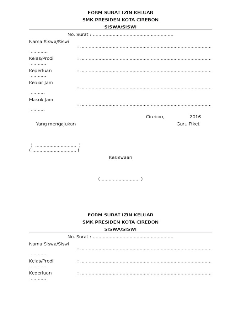 Form Surat Izin Keluar Siswa Dan Siswi