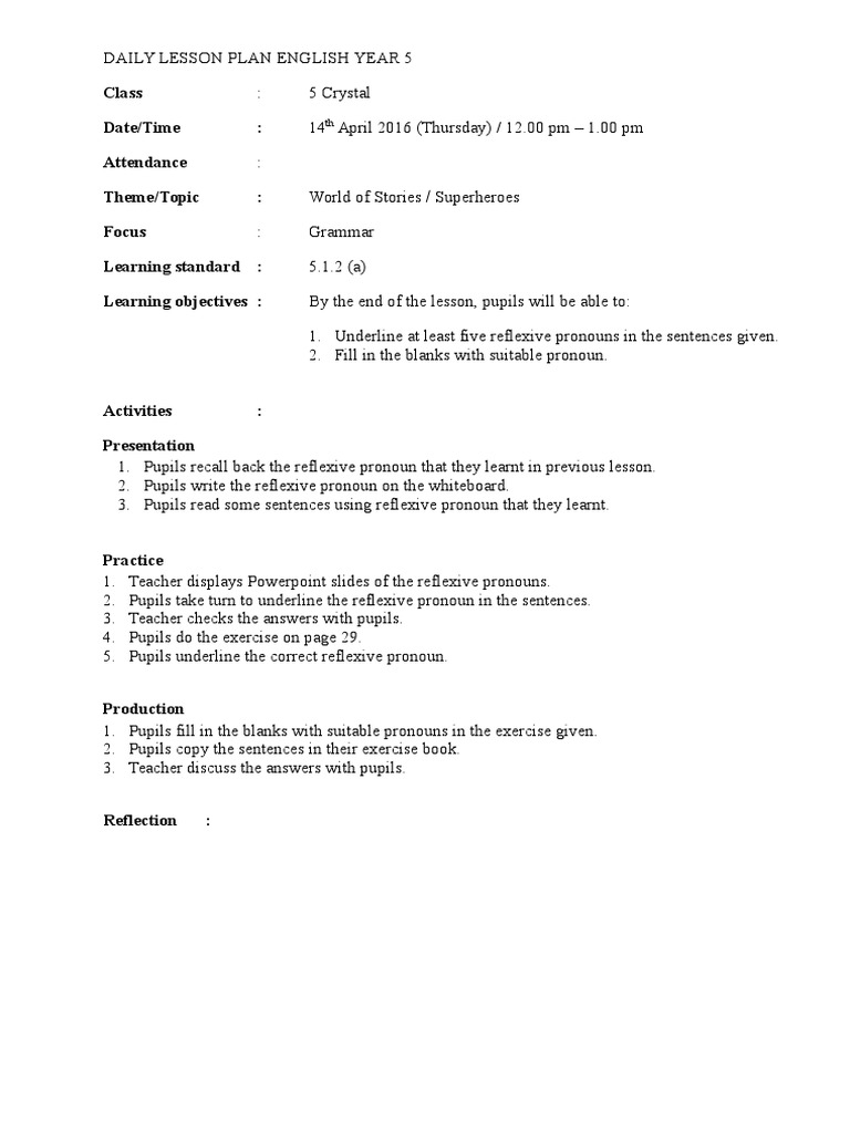 Daily Lesson Plan English Year 5 | PDF