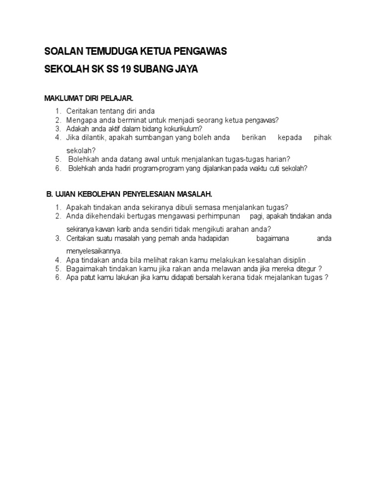 Soalan Temuduga Pengawas Sekolah Englshnat