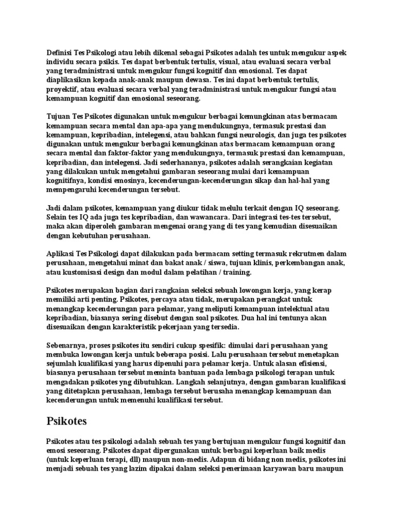 Definisi Tes Psikologi Atau Lebih Dikenal Sebagai Psikotes Adalah Tes Untuk Mengukur Aspek Individu Secara Psikis Docx