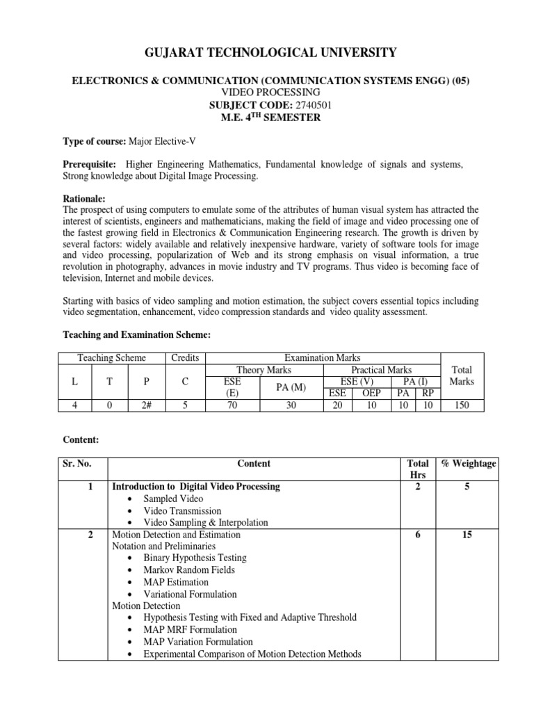 Video Processing syllabus Video Image Segmentation