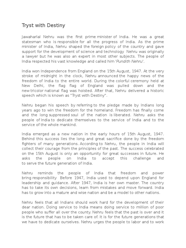 Tryst With Destiny Pdf Jawaharlal Nehru