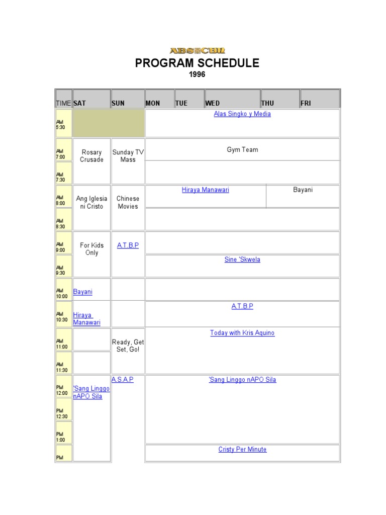 ABSCBN Program Schedule (1996) PDF Works Companies Listed On The