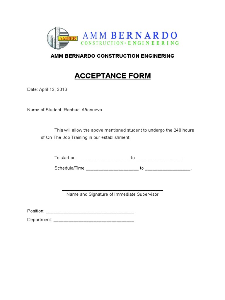 On-The-Job Training Acceptance Form | PDF