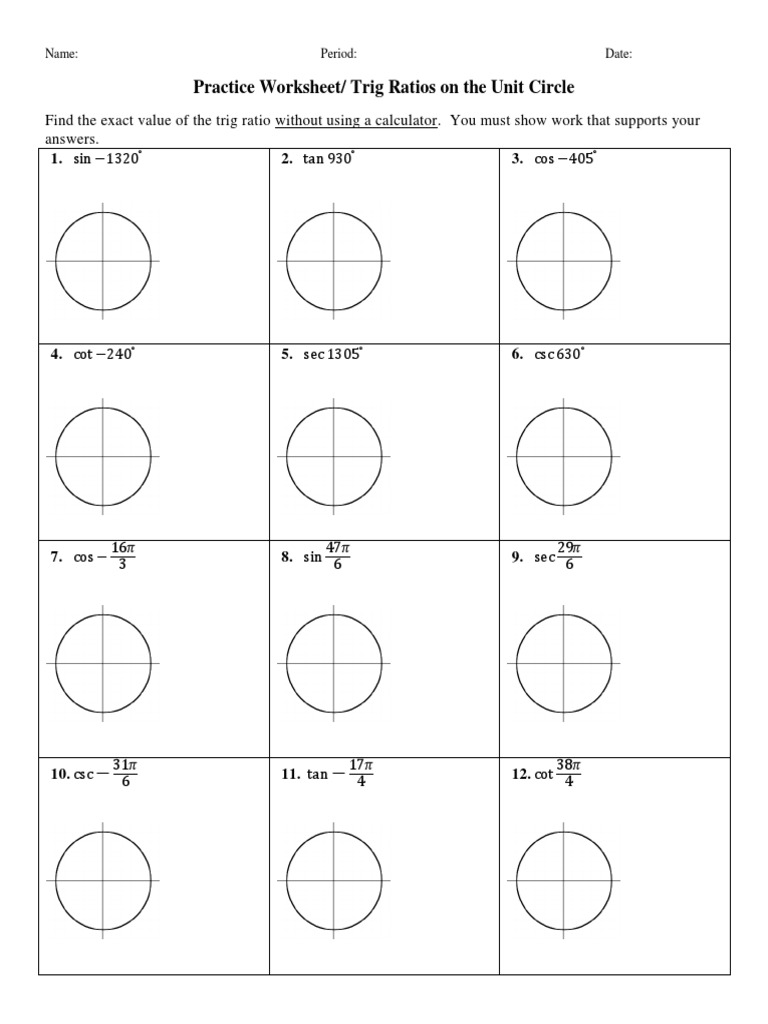 Practice Trig Ratios Unit Circle11 Throughout Trigonometry Unit Circle Worksheet Answers