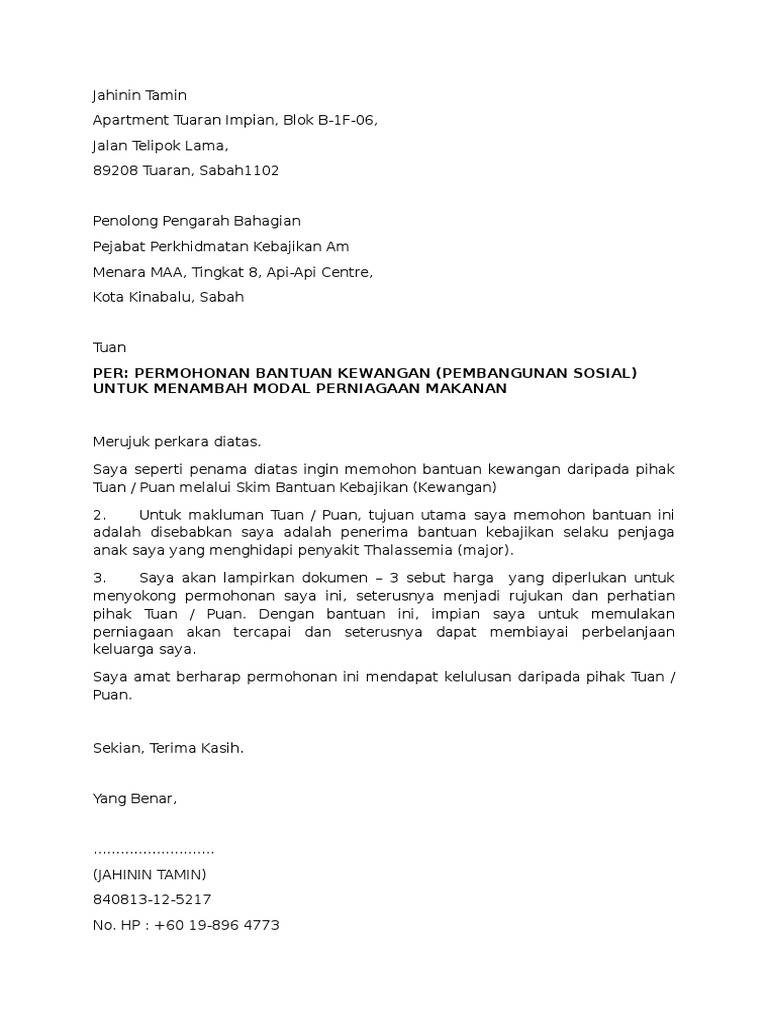 Surat Memohon Bantuan Jka Tuaran Pdf
