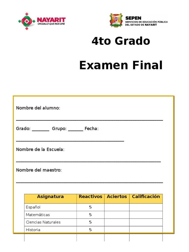 Examen Final Cuarto Grado | PDF