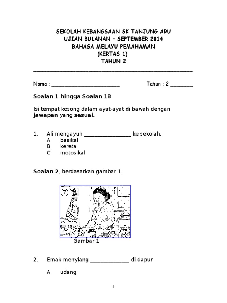 Soalan Ujian Bm Tahun 2 Pemahaman Pdf