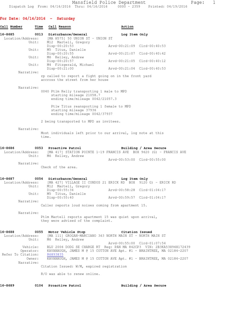 Mansfield Police Dispatch Log 04/16/2016 | PDF | Vehicles | Transport