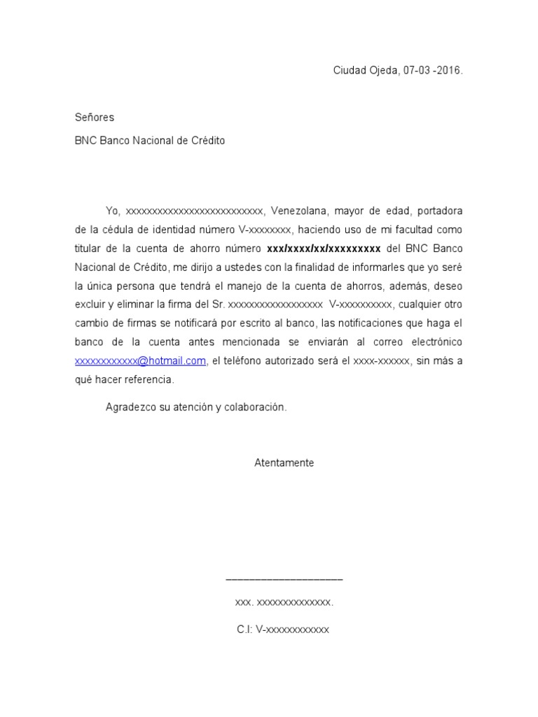 Carta de Exclusion de Firma. (Banco)