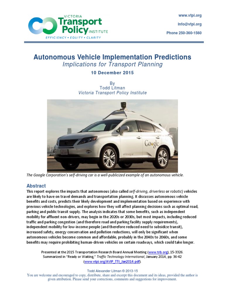 Autonomous Vehicle Impact on Transport Planning | PDF | Autonomous Car ...
