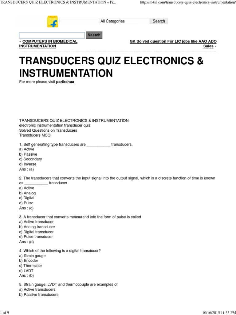 TRANSDUCERS QUIZ ELECTRONICS & INSTRUMENTATION Practice Tests Objective