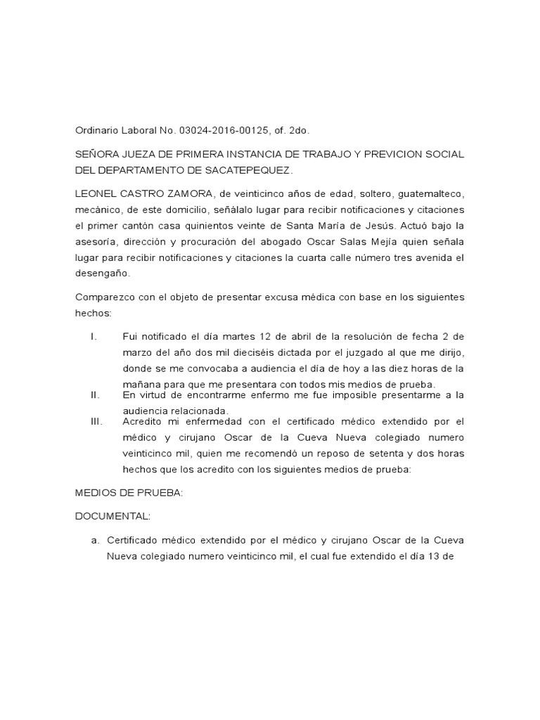 Memorial de Excusa Medica | PDF