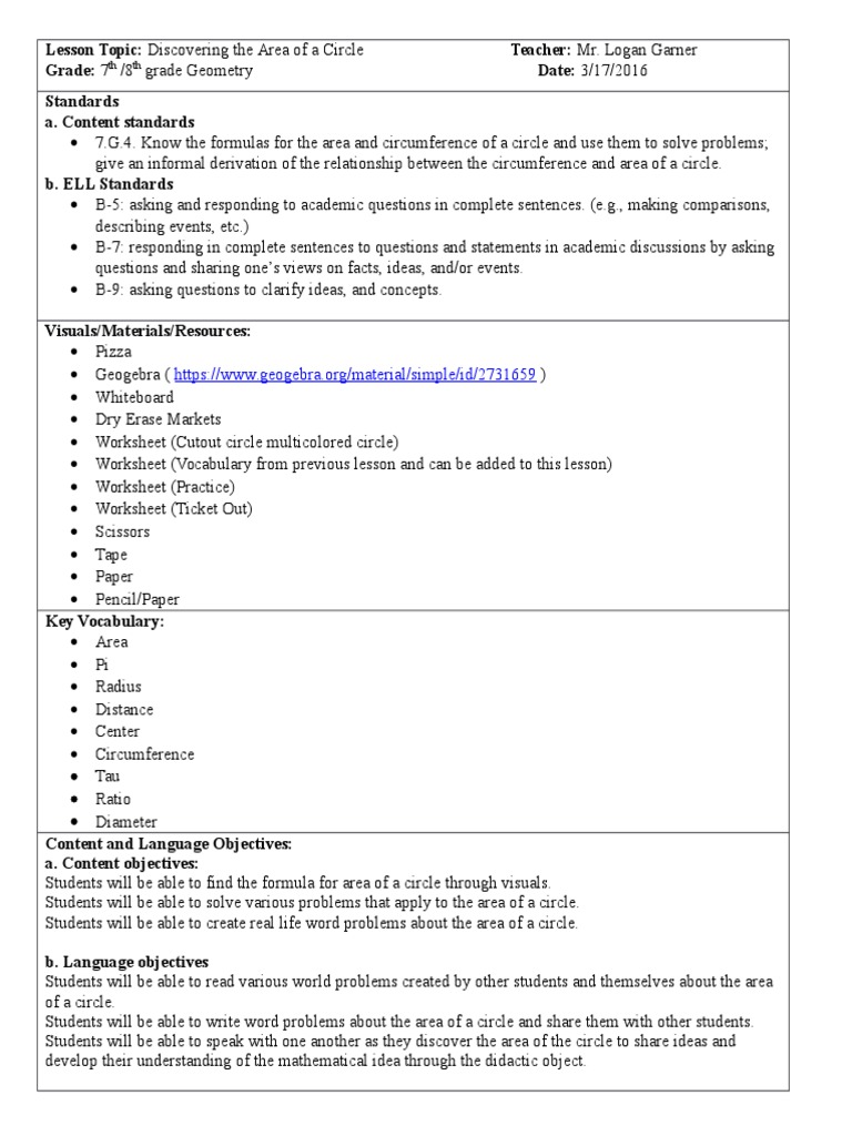 Area of a Circle Lesson Plan | PDF | Classroom | Circle