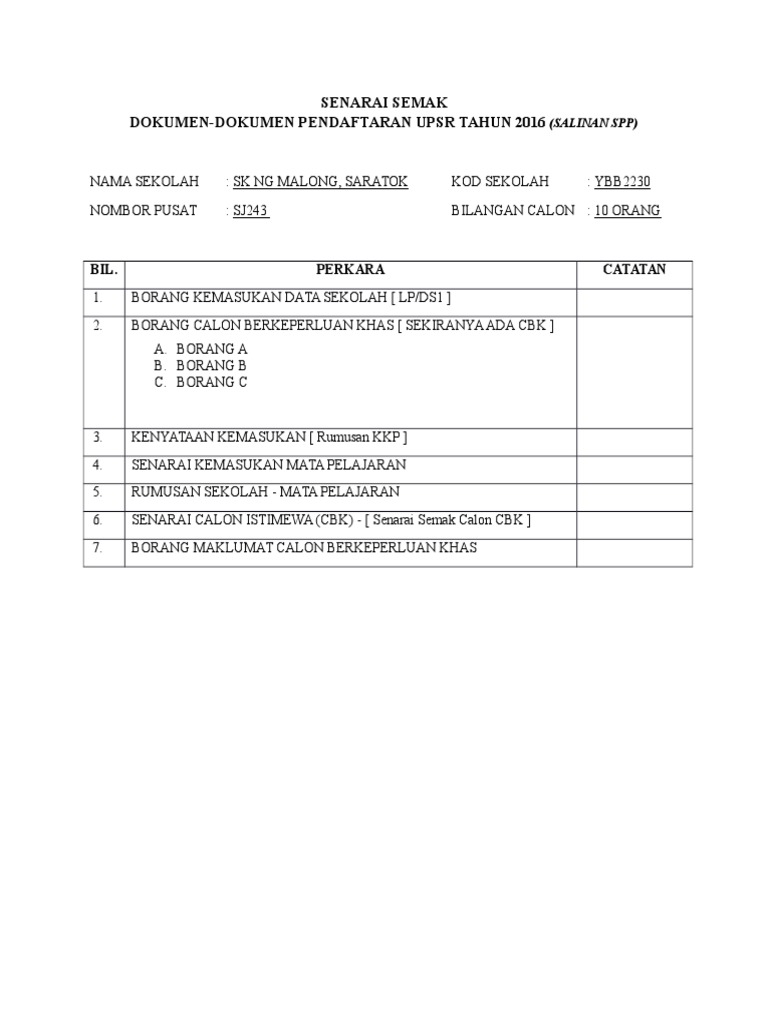 Senarai Semak Dokumen Pendaftaran Upsr Tahun 2016