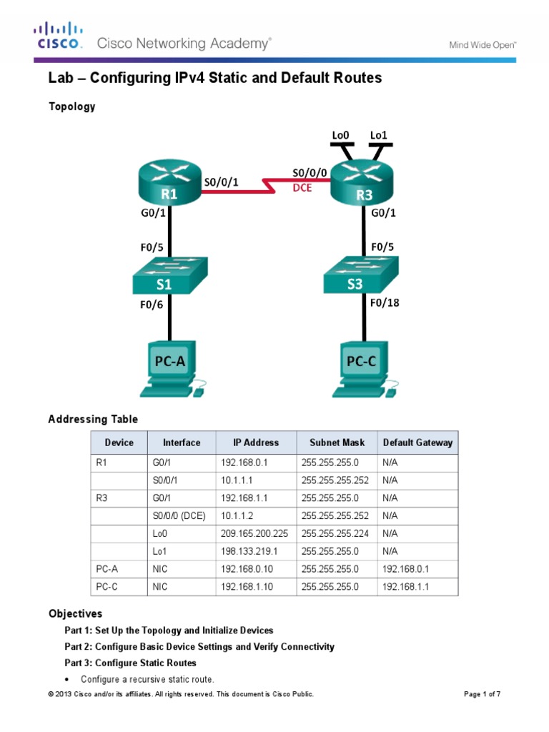 Lab Task - 2-6.2.2.5 Lab - Configuring IPv4 Static and Default Routes ...