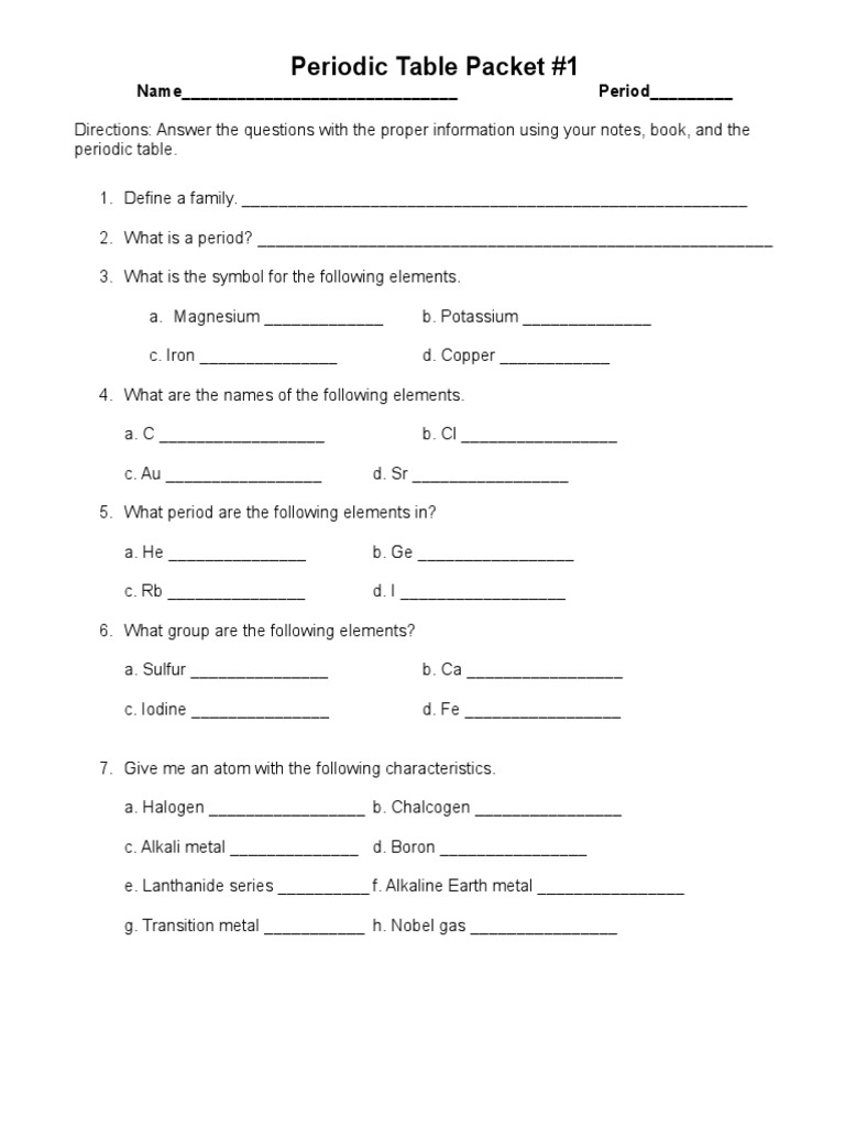 Perioidic Table Packet Worksheets Pdf
