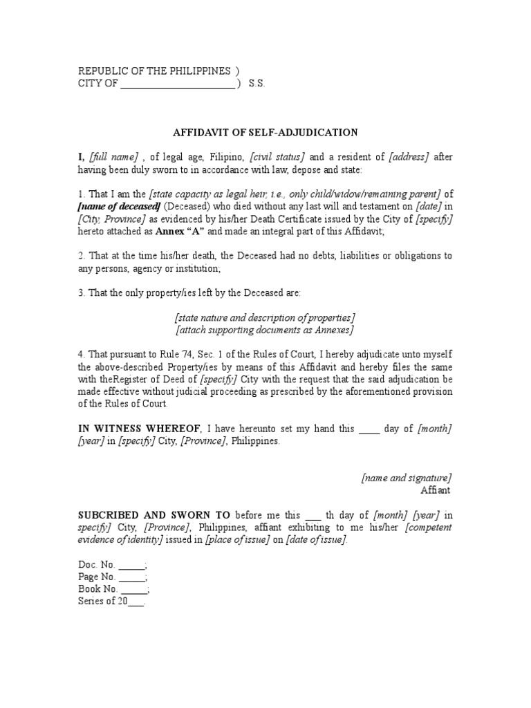 Sample Affidavit of SelfAdjudication by Sole Heir Affidavit Virtue