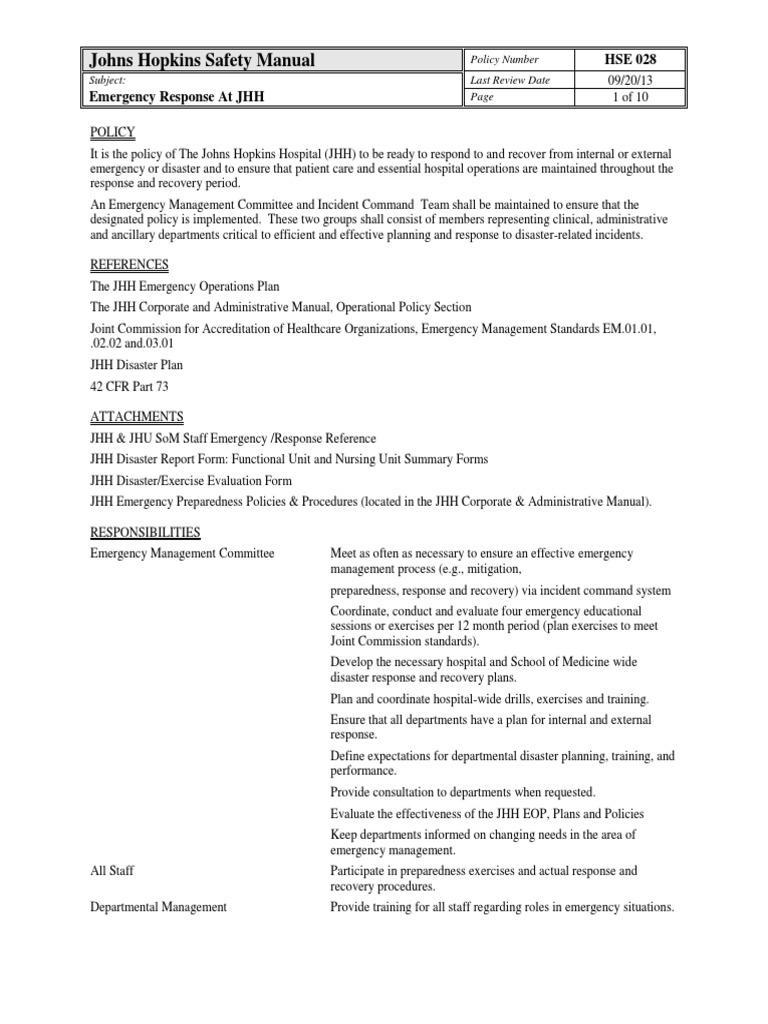 JHH Emergency Response Policy | PDF | Joint Commission | Emergency ...
