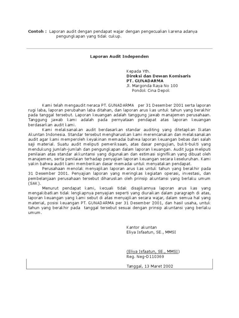 Contoh Laporan Auditor Independen Yang Memberikan Opini Wtp Dengan Paragraf Penjelasan