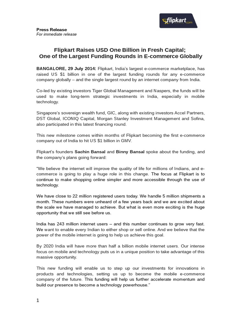 Flipkart Press Release PDF Service Industries Companies