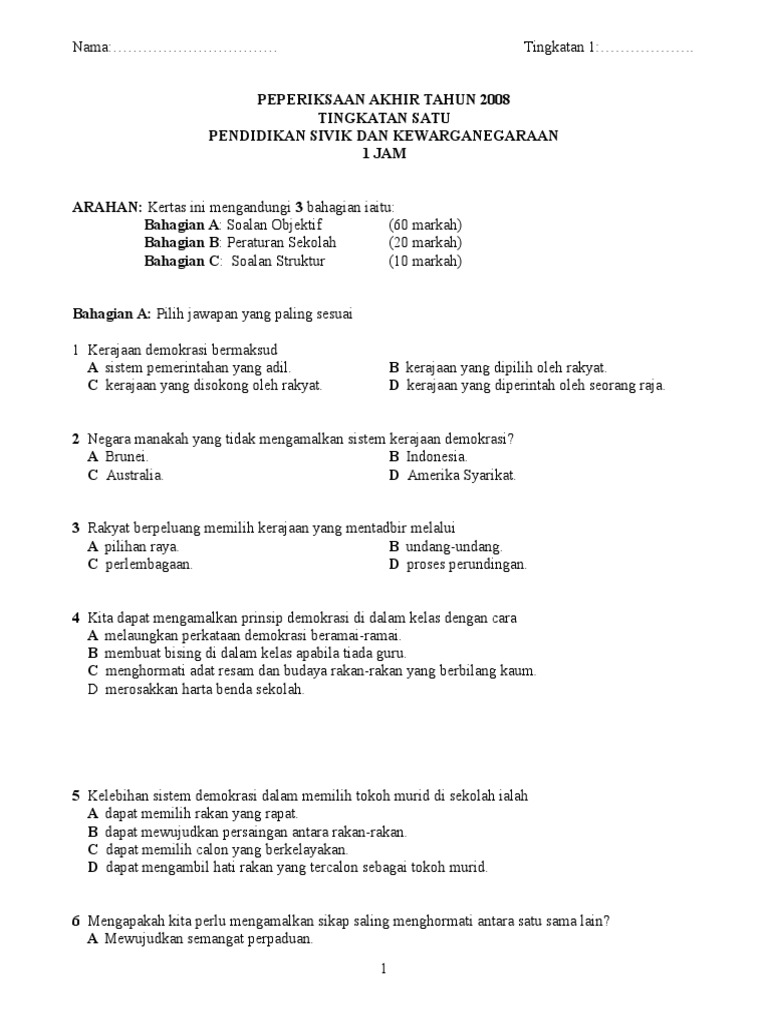 Soalan Sivik Tingkatan 1 Pdf