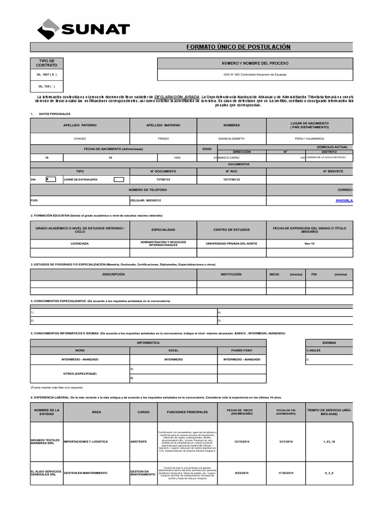 Formato unico de Postulacion para SUNAT