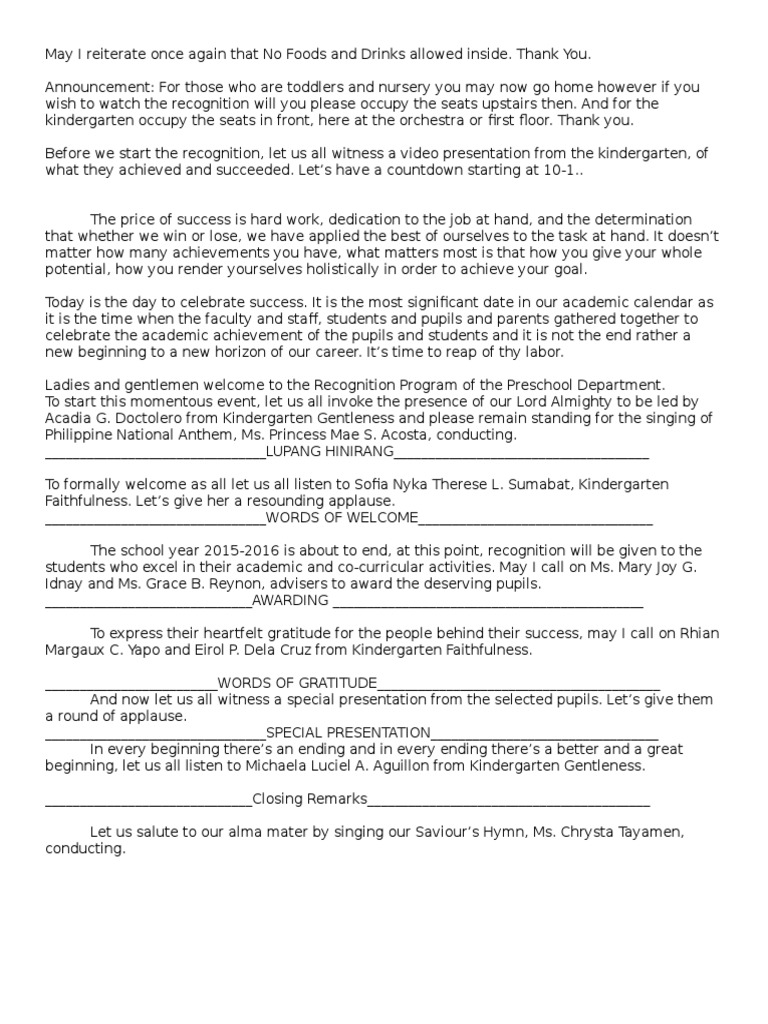 Script For Recognition | PDF | Kindergarten | Preschool