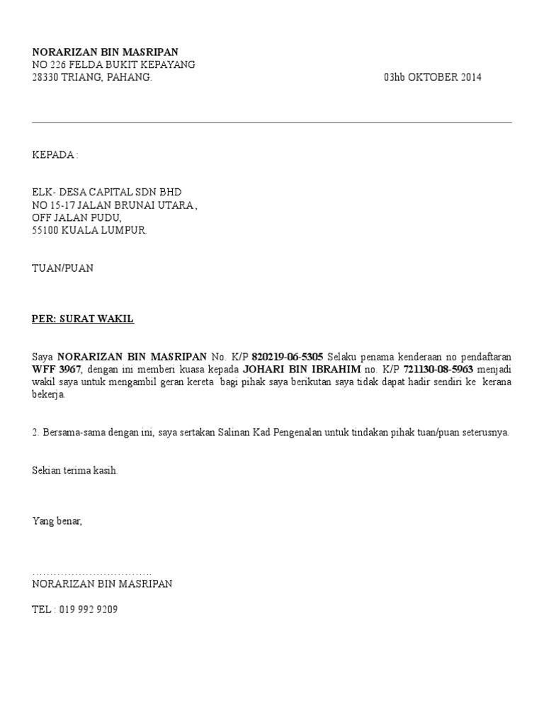 Contoh Surat.kuasa Untuk Wakil Bawa.kereta Melepasi Sempadan Malaysia