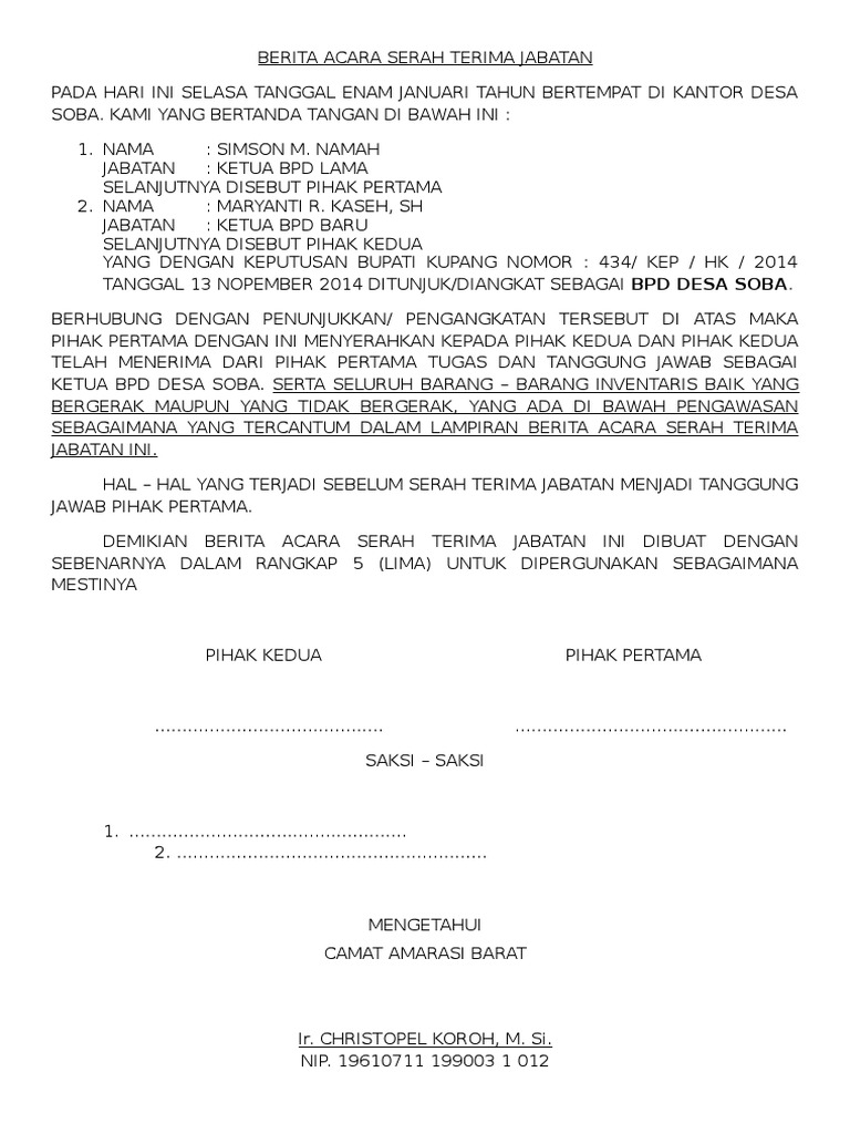 Contoh Berita Acara Serah Terima Jabatan Camat Kumpulan Soal Pelajaran 8