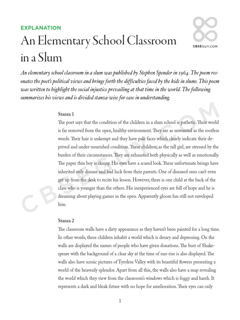 Poem Summary An Elementary School Classroom in A Slum PDF Poetry