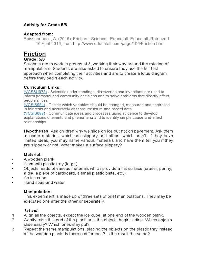 Friction Experiment Activities for Grade 5 | PDF | Ice | Science