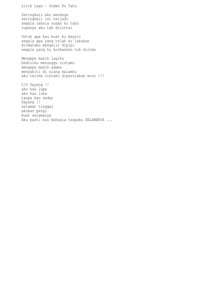 Lirik Sudah Ku Tahu Pdf