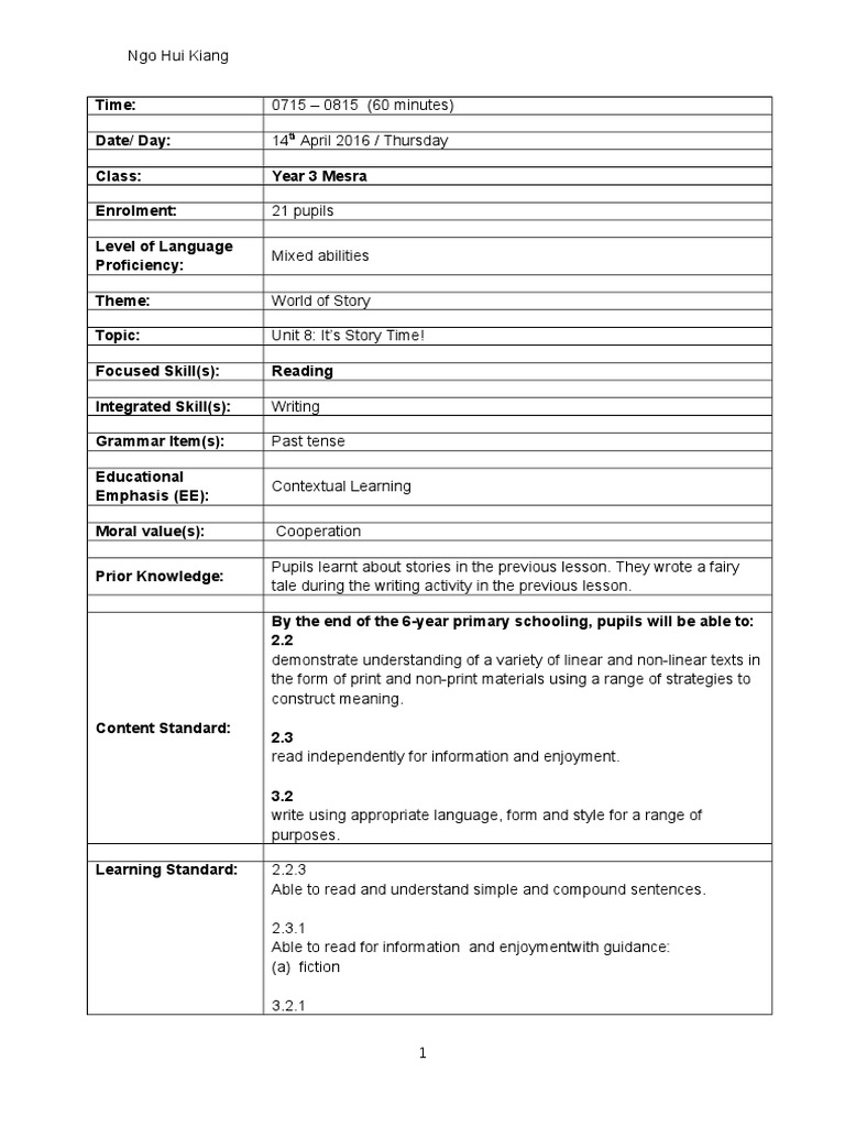 Grade 3 English Lesson Plan: Story Time | PDF | Lesson Plan | Reading ...